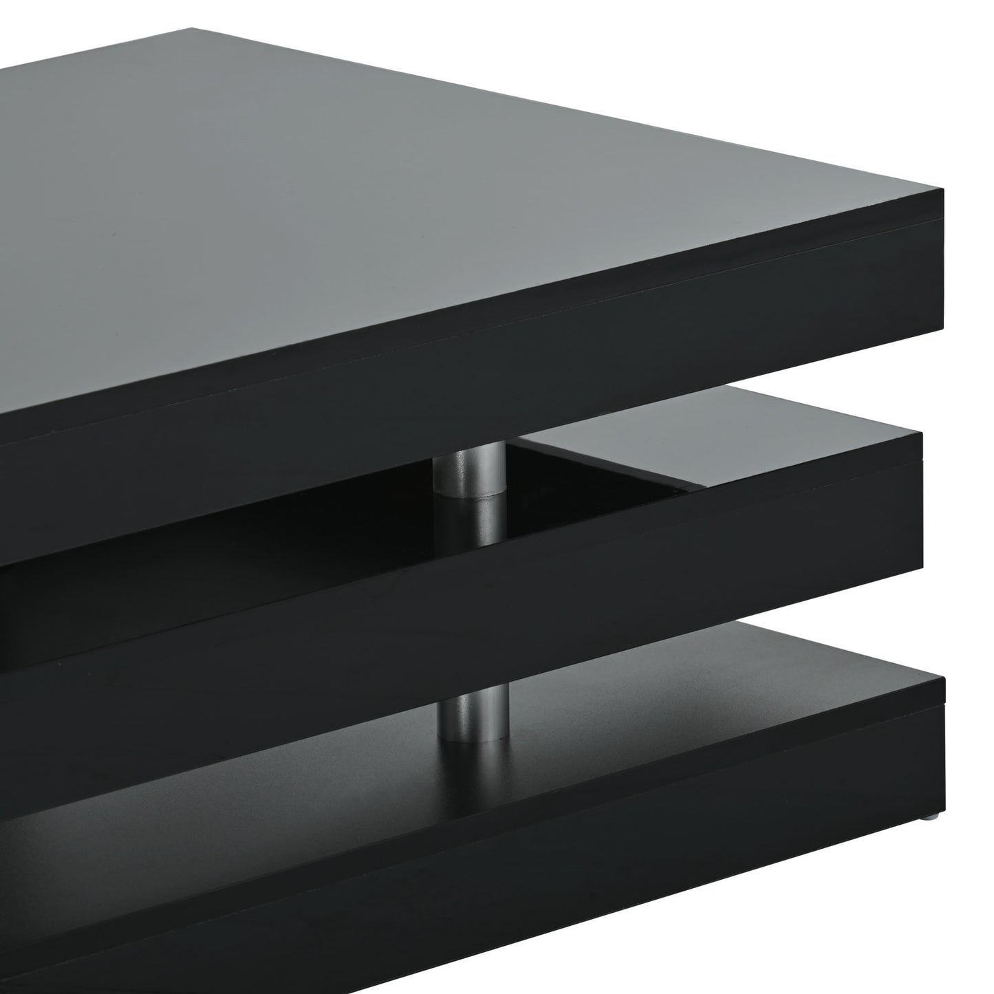 ON-TREND 2-Tier Coffee Table, Silver Metal Legs, High-gloss UV Surface, Minimalist Design, Living Room Center Table, Black Rectangle Cocktail Table