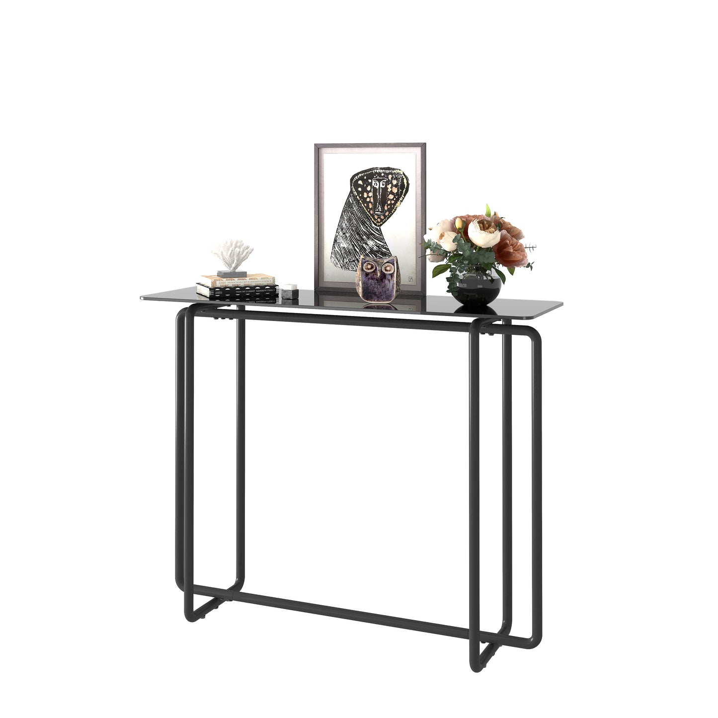 Console Table - Single Layer Tempered Glass Rectangular Porch Table with Black Legs - Double Tempered Glass Tea Table, Black