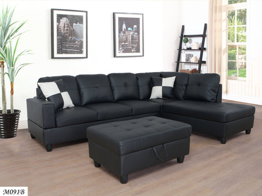 "3 PC Sectional Sofa Set, Black Faux Leather Left-Facing Sofa with Free Storage Ottoman – Stylish, Spacious, and Comfortable Furniture for Your Living Room"