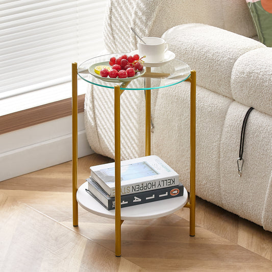 2-Layer End Table with Tempered Glass & Marble Tabletop, Round Coffee Table with Golden Metal Frame - Ideal for Bedroom, Living Room, Office - Sleek Design, Sturdy Construction - 1 Piece (Golden, Medium)