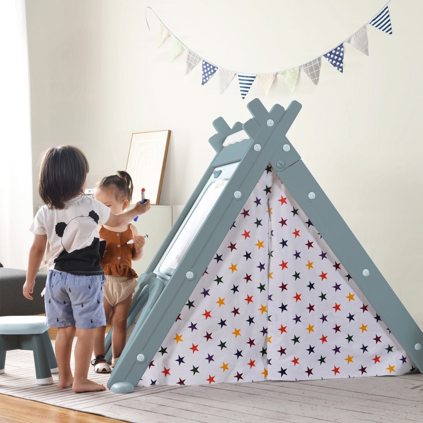 Kids Play Tent - 4-in-1 Teepee Tent with Stool and Climber, Foldable Playhouse Tent for Boys & Girls - Multi-Functional, Portable, and Durable - Enhance Imaginative Play - Suitable for Indoor and Outdoor Use - Available in Various Colors and Sizes