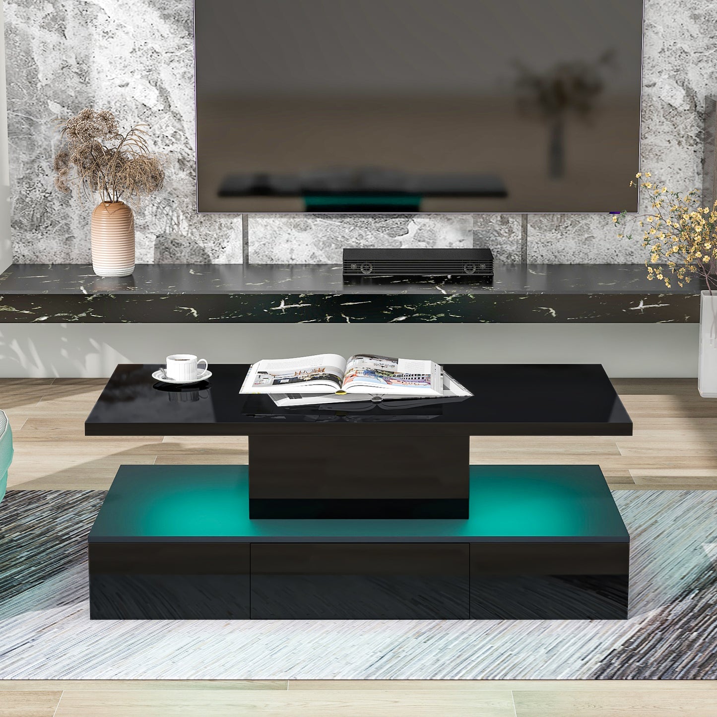 Modern Glossy Coffee Table With Drawer, 2-Tier Center Table with Plug-in LED Lighting – 16 Colors, 39.3”x19.6”x15.3”, Black