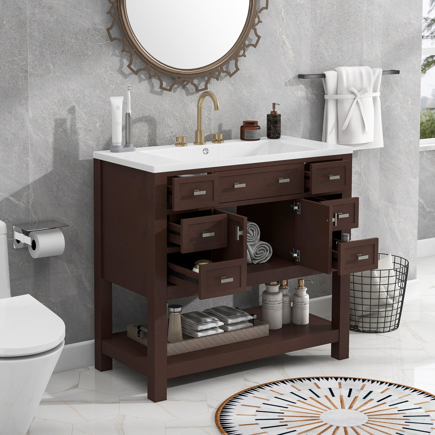 36'' Bathroom Vanity with Top Sink, Modern Storage Cabinet, Soft Closing Doors & 6 Drawers, Brown MDF Material