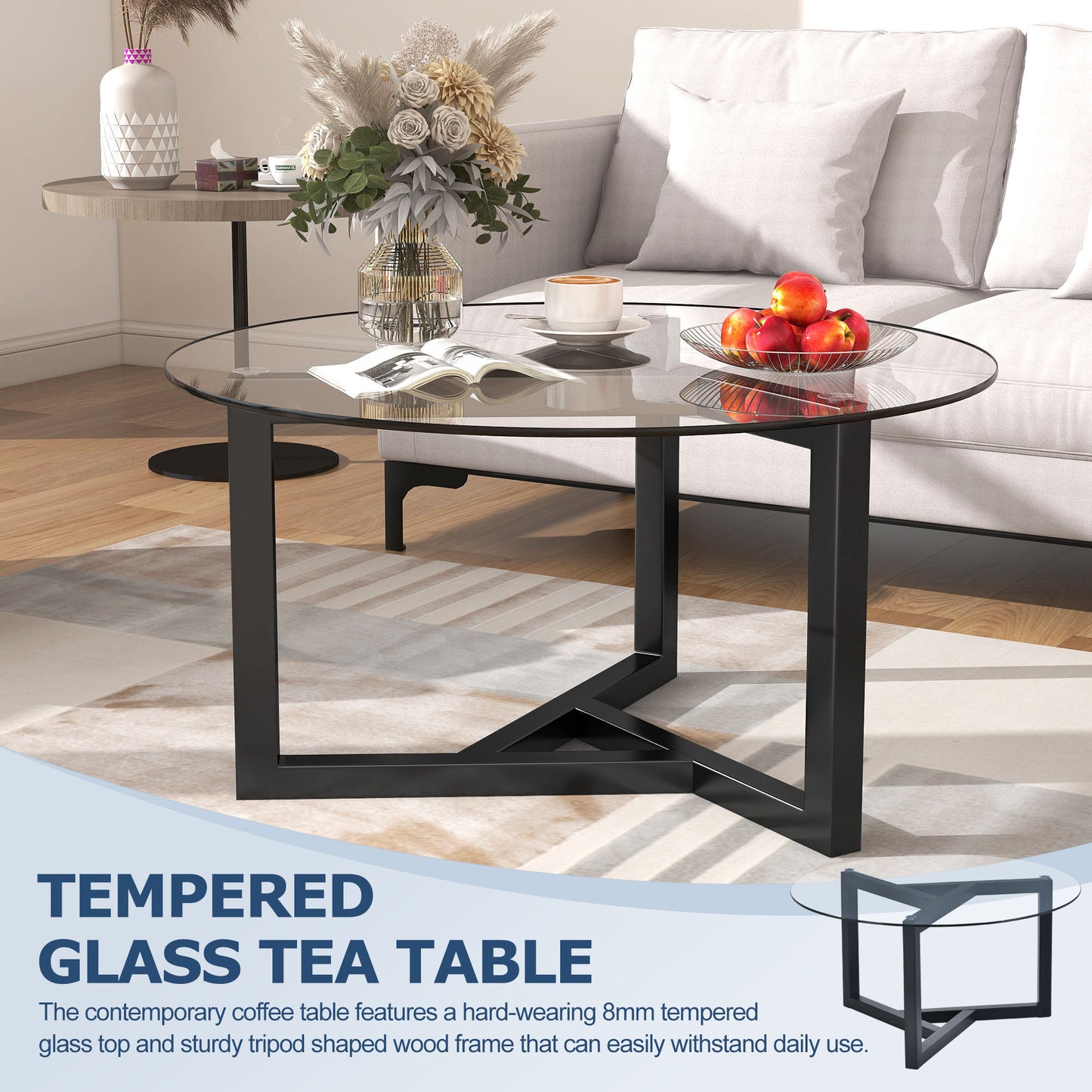 ON-TREND Round Glass Coffee Table, Easy Assembly, Tempered Glass Top, Sturdy Wood Base, Black (Modern Cocktail Table, 220 Letters)