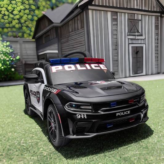 12V Licensed Dodge Charger Kids Ride On Police Car | Remote Control, Adjustable Speeds, Power Display | USB, MP3, Bluetooth, LED Lights | Four-Wheel Suspension, Slow Start | Black