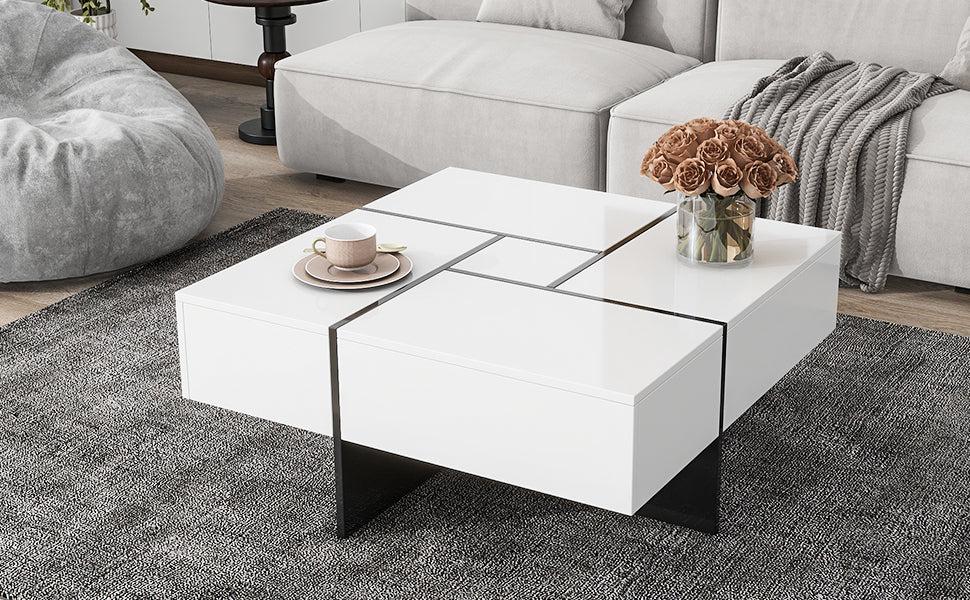 ON-TREND Coffee Table with 4 Hidden Storage Compartments, Extendable Sliding Tabletop, UV High-gloss Design for Living Room, 31.5"x 31.5"