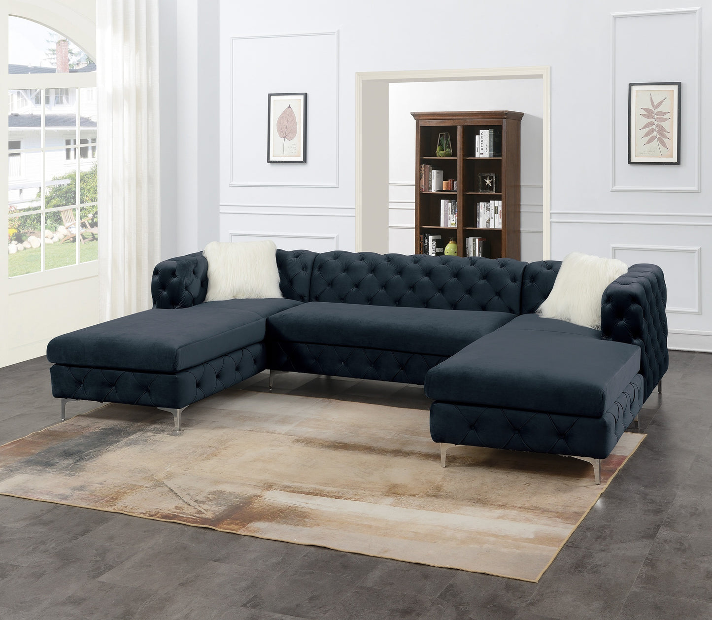 Gorgeous Living Room U-Sectional Black Velvet Tufted Cushion Couch with LAF and RAF Chaise and Armless Loveseat