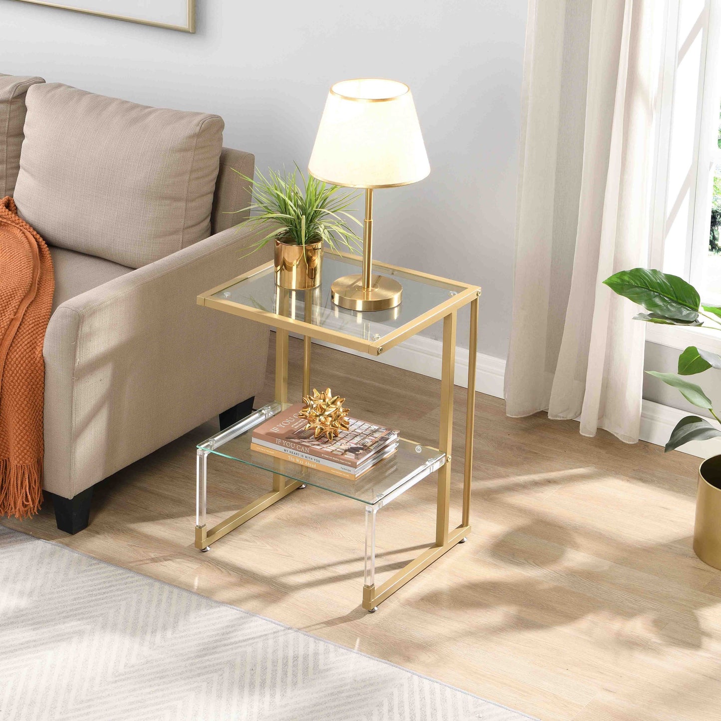 2-Tier Acrylic Glass End Table for Living Room&Bedroom - Stylish and Functional Side Table with Golden Finish, Perfect for Any Décor