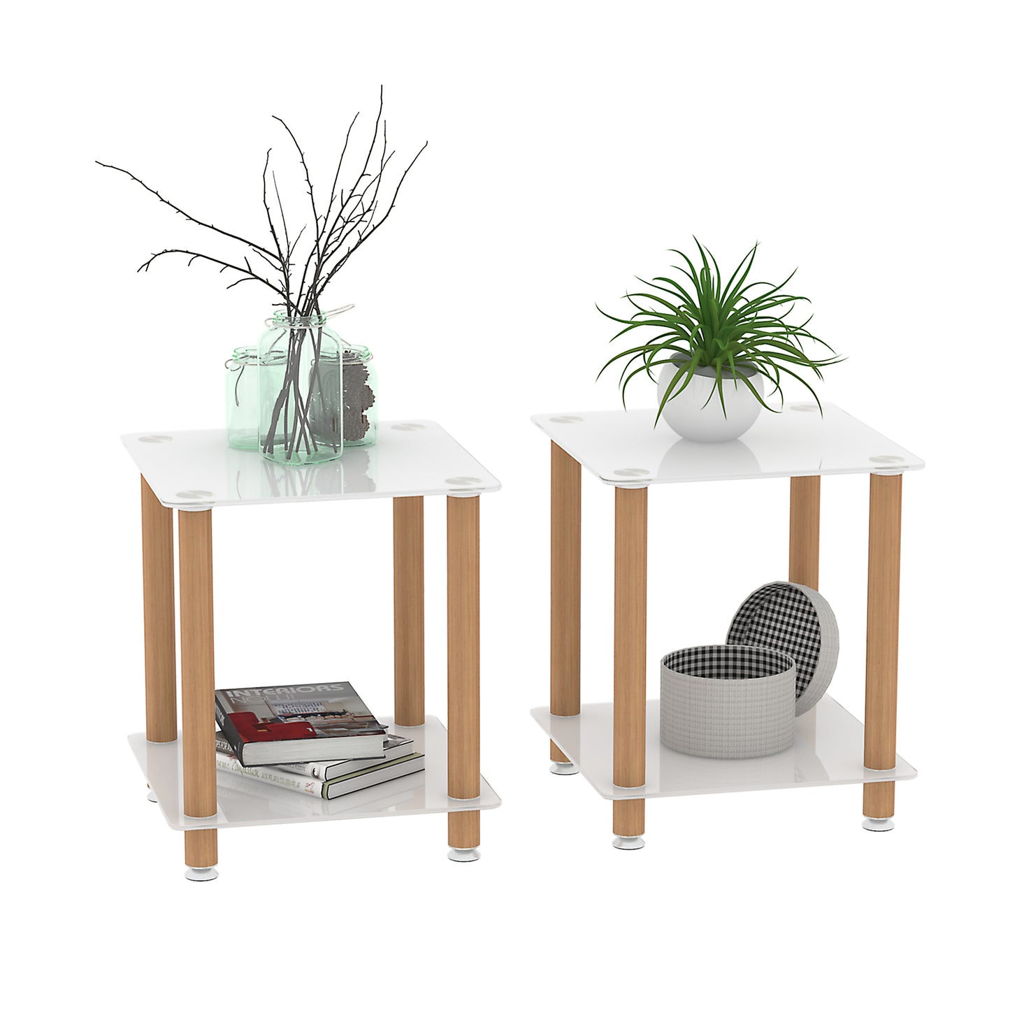 2-Piece White+Oak Side Table: Modern 2-Tier Space End Table with Storage Shelve for Sofa, Bedside or Living Room - Stylish, Sturdy Design (White+Oak, 2-Tier)