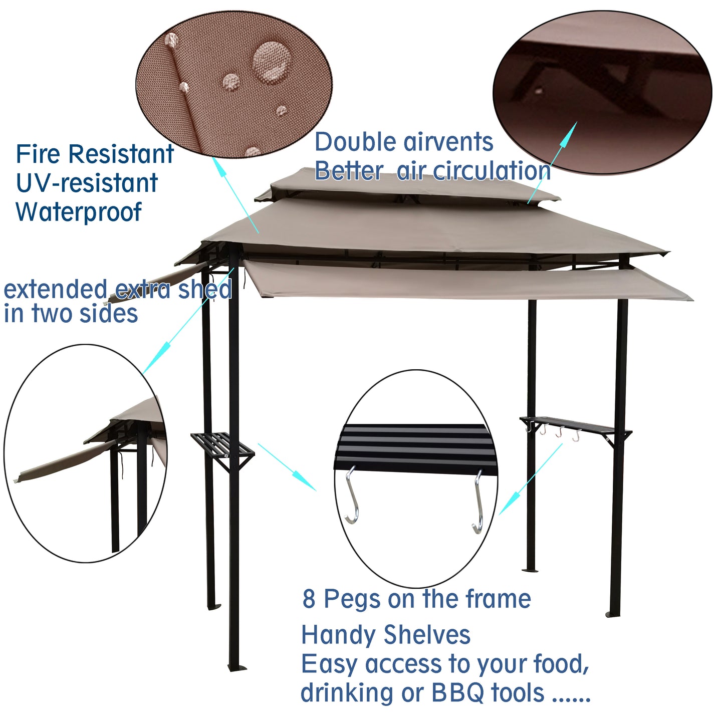 8x4ft Grill Gazebo: Metal Gazebo with Soft Top Canopy, Steel Frame, Hook and Bar Counters, Mushroom Fabric