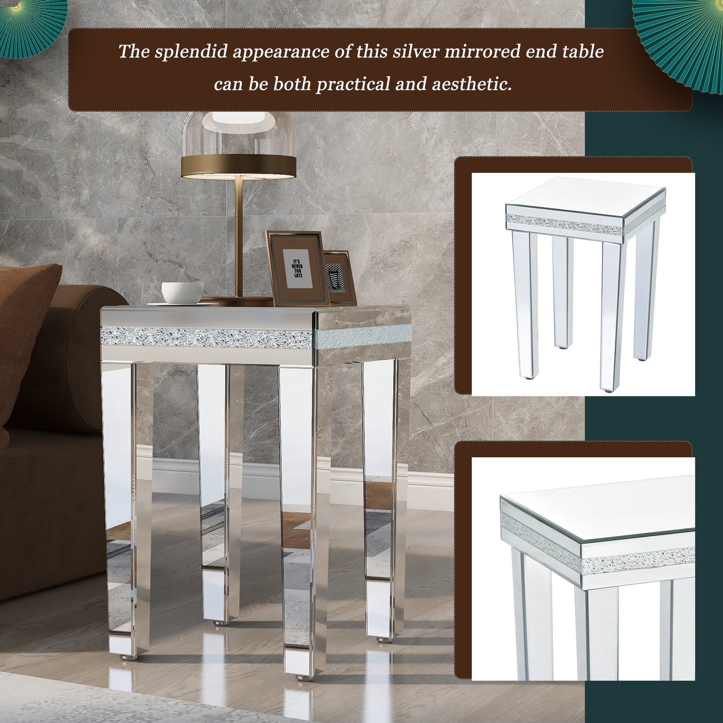 Fashionable Modern Glass Mirrored Side Table, Crystal Design, Adjustable Height Legs, Silver