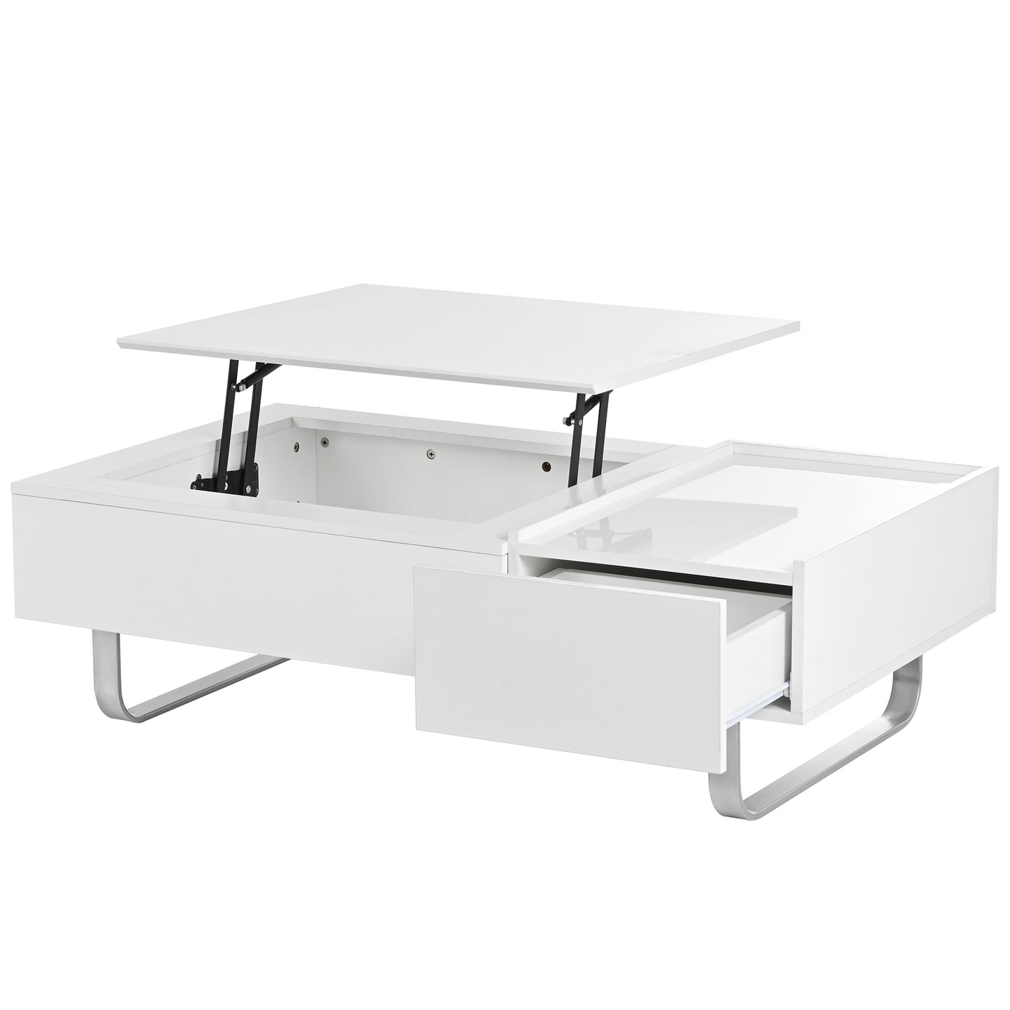 ON-TREND Multi-functional Coffee Table with Lifted Tabletop, Metal Frame Legs, High-gloss Surface, White