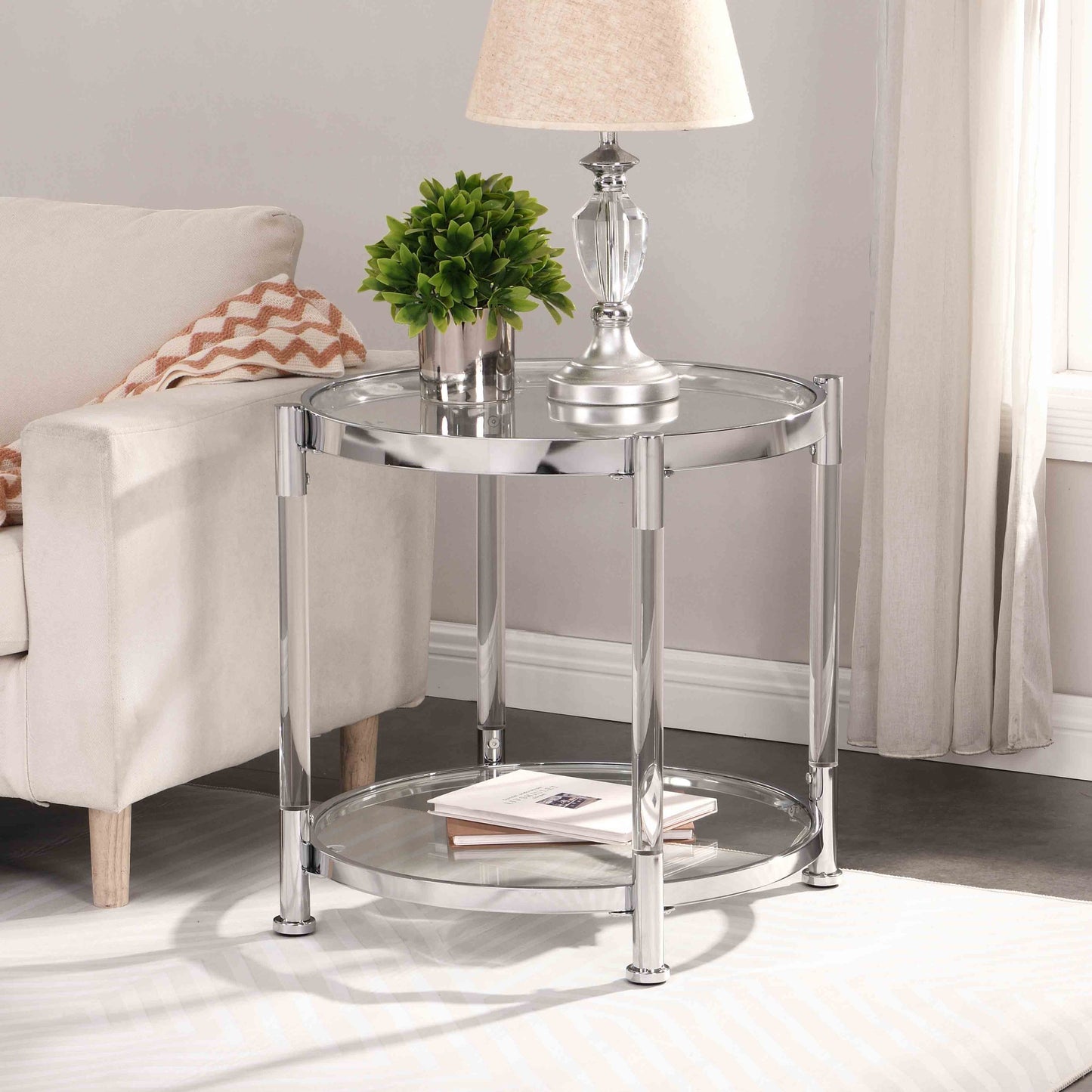 Contemporary Acrylic End Table with Tempered Glass Top, Chrome/Silver for Living Room & Bedroom