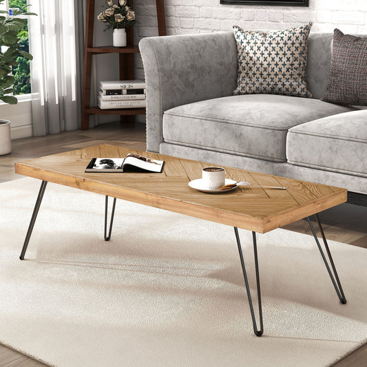 ON-TREND Coffee Table with Chevron Pattern & Hairpin Legs, Easy Assembly, Ash Wood Finish - Modern Cocktail Table for Living Room