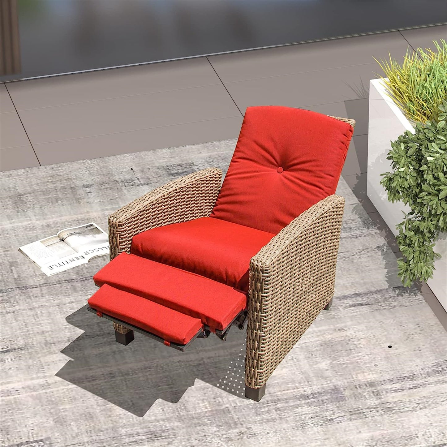 Indoor & Outdoor Recliner, All-Weather Wicker Patio Chair, Red Cushion - Red, 1 Chair