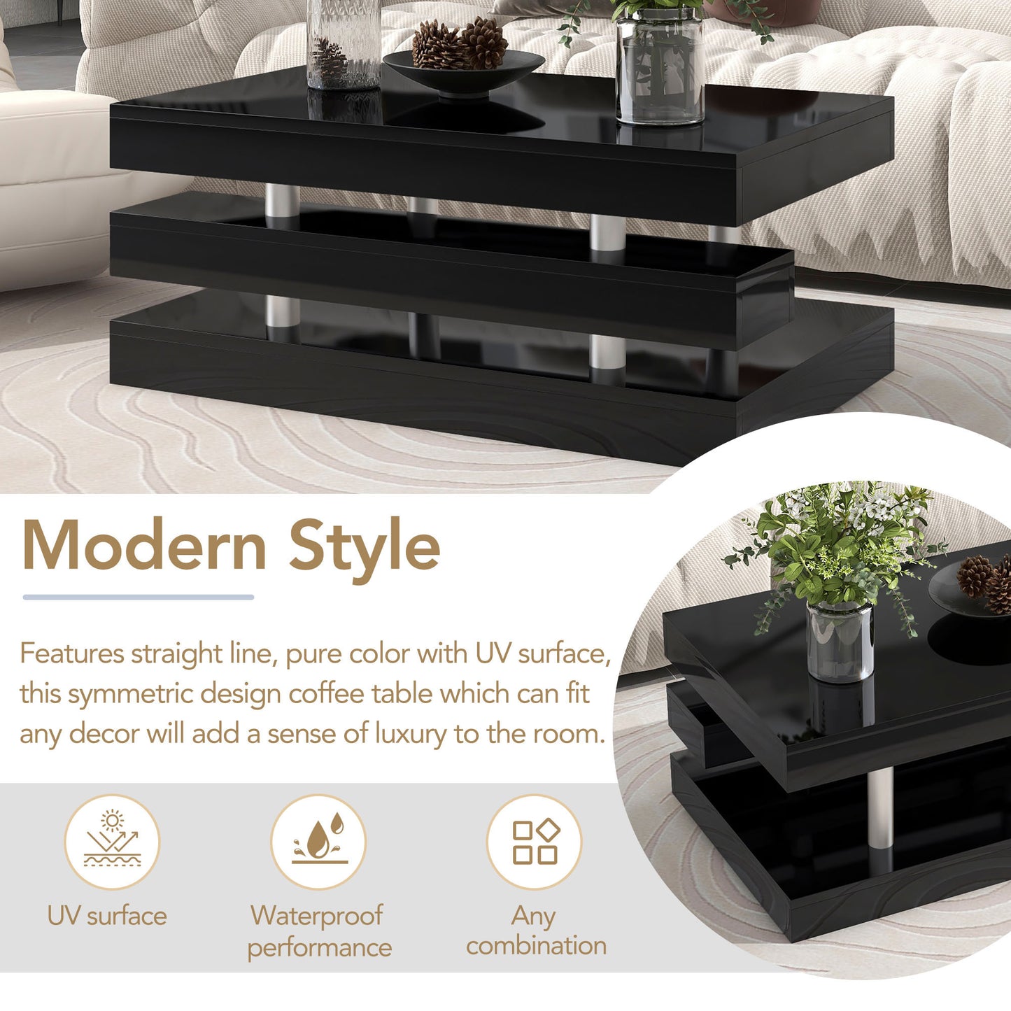 ON-TREND 2-Tier Coffee Table, Silver Metal Legs, High-gloss UV Surface, Minimalist Design, Living Room Center Table, Black Rectangle Cocktail Table