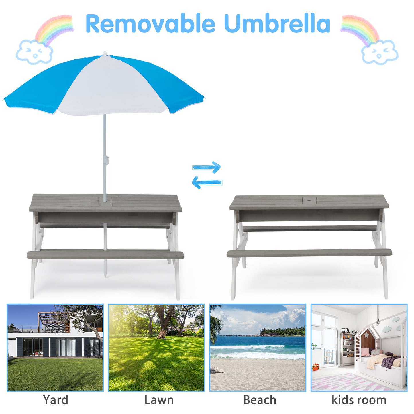 3-in-1 Kids Outdoor Wooden Picnic Table With Umbrella, Convertible Sand & Water Play Area, Gray - ASTM & CPSIA Certified