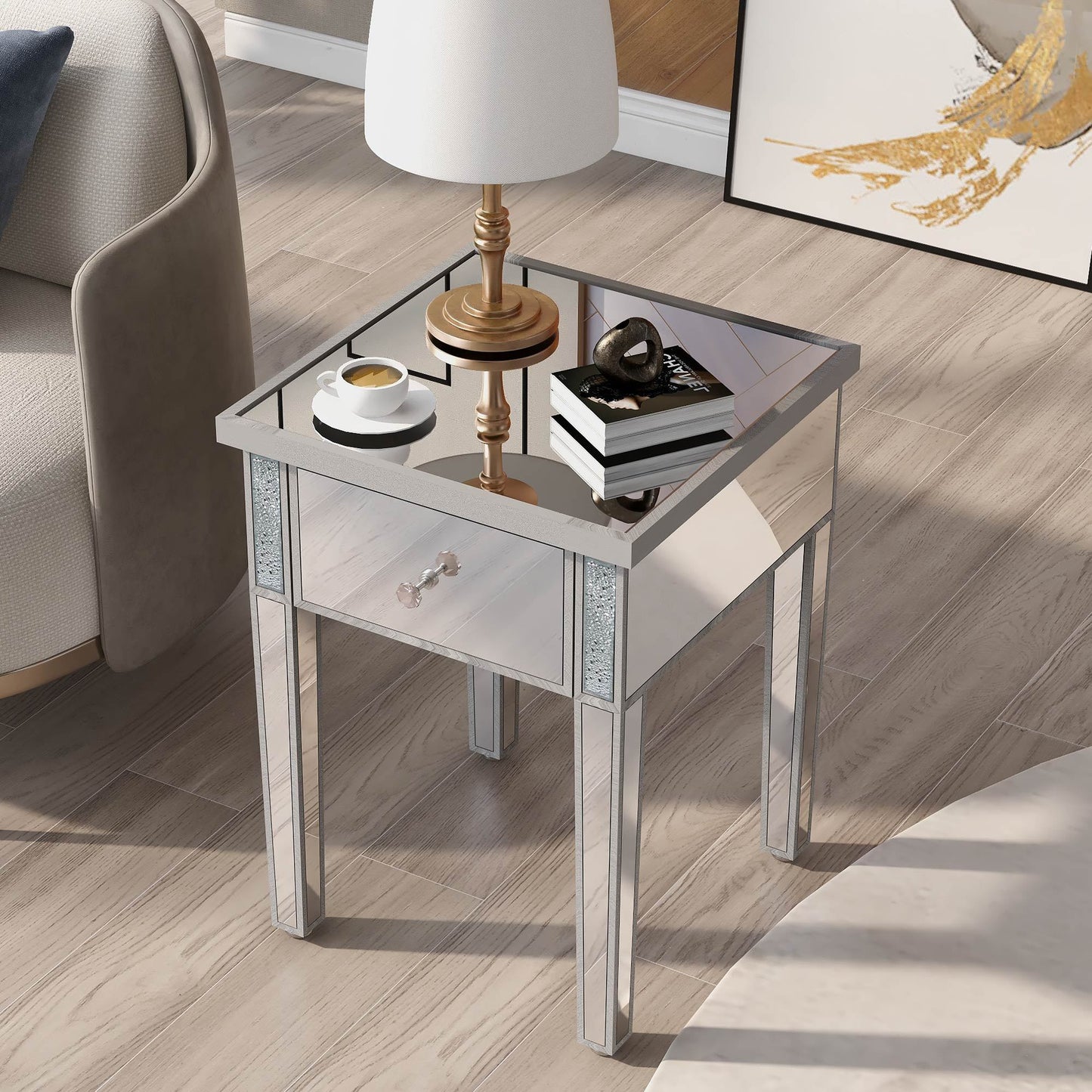 ON-TREND Modern Glass Mirrored End Table with Drawer, Crystal Handles, Adjustable Height Legs - Silver