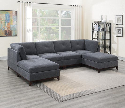 Ash Grey Chenille Fabric Modular Sectional 6pc Set Living Room Furniture U-Sectional Couch 2x Corner Wedge 2x Armless Chairs and 2x Ottomans Tufted Back Exposed Wooden Base