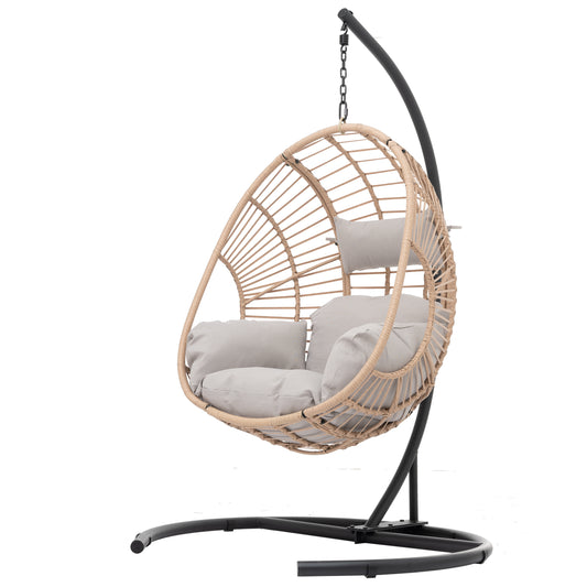 Outdoor Indoor Swing Egg Chair - Natural Wicker with Beige Cushion | Durable, Stylish, and Comfortable Seating for Relaxation and Enjoyment