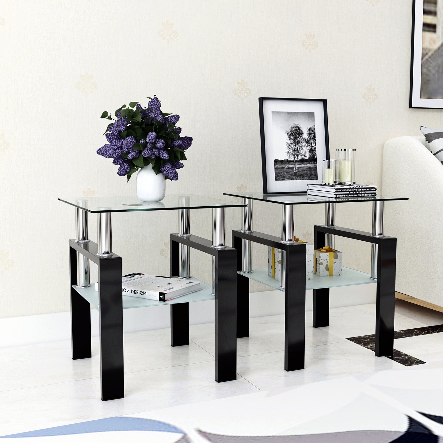 Set of 2 Modern Tempered Glass Tea Coffee End Table, Square Table for Living Room, Transparent/Black, Stylish & Functional