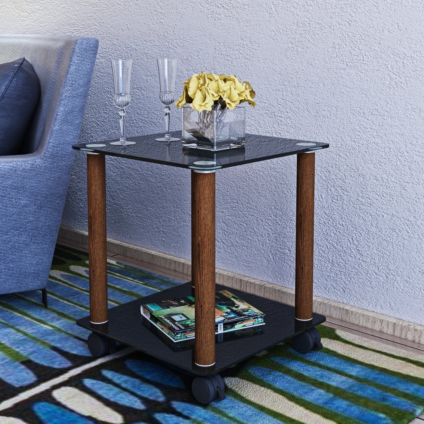 1-Piece Black + Walnut Side Table | 2-Tier Space End Table | Modern Night Stand | Sofa table | Side Table with Storage Shelf