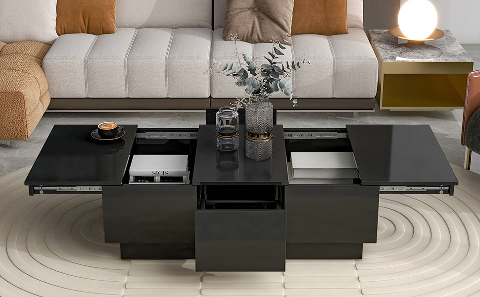 ON-TREND Multifunctional Coffee Table with Hidden Storage, Extendable Cocktail Table with Drawers, High-gloss Center Table for Living Room, 39.3"x21.6", Black