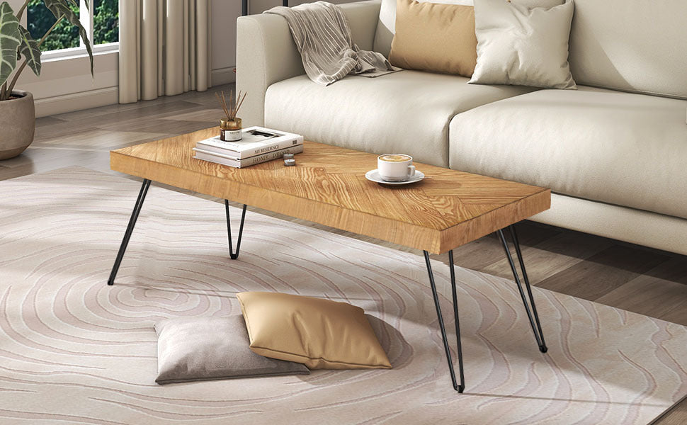 ON-TREND Modern Coffee Table, Easy Assembly Tea Table, Chevron Pattern, Metal Hairpin Legs, Ash Wood Finish