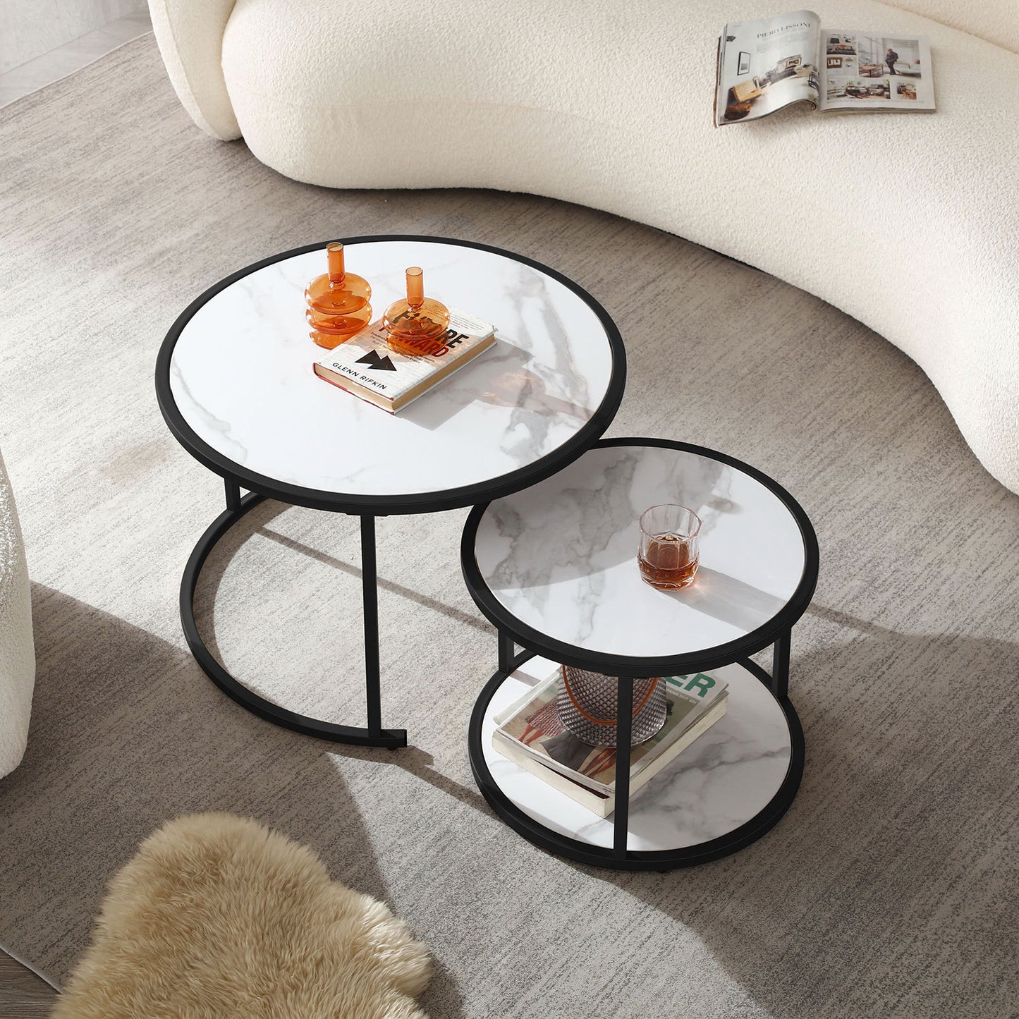 27.16" Marble Pattern MDF Top Black Metal Frame Nesting Coffee Table Set of 2 - Stylish & Space-Saving Furniture with Elegant Marble Design