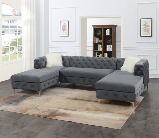 Gorgeous U-Sectional Grey Velvet Tufted Cushion Couch with Chaise and Armless Loveseat – Ideal Living Room Centerpiece