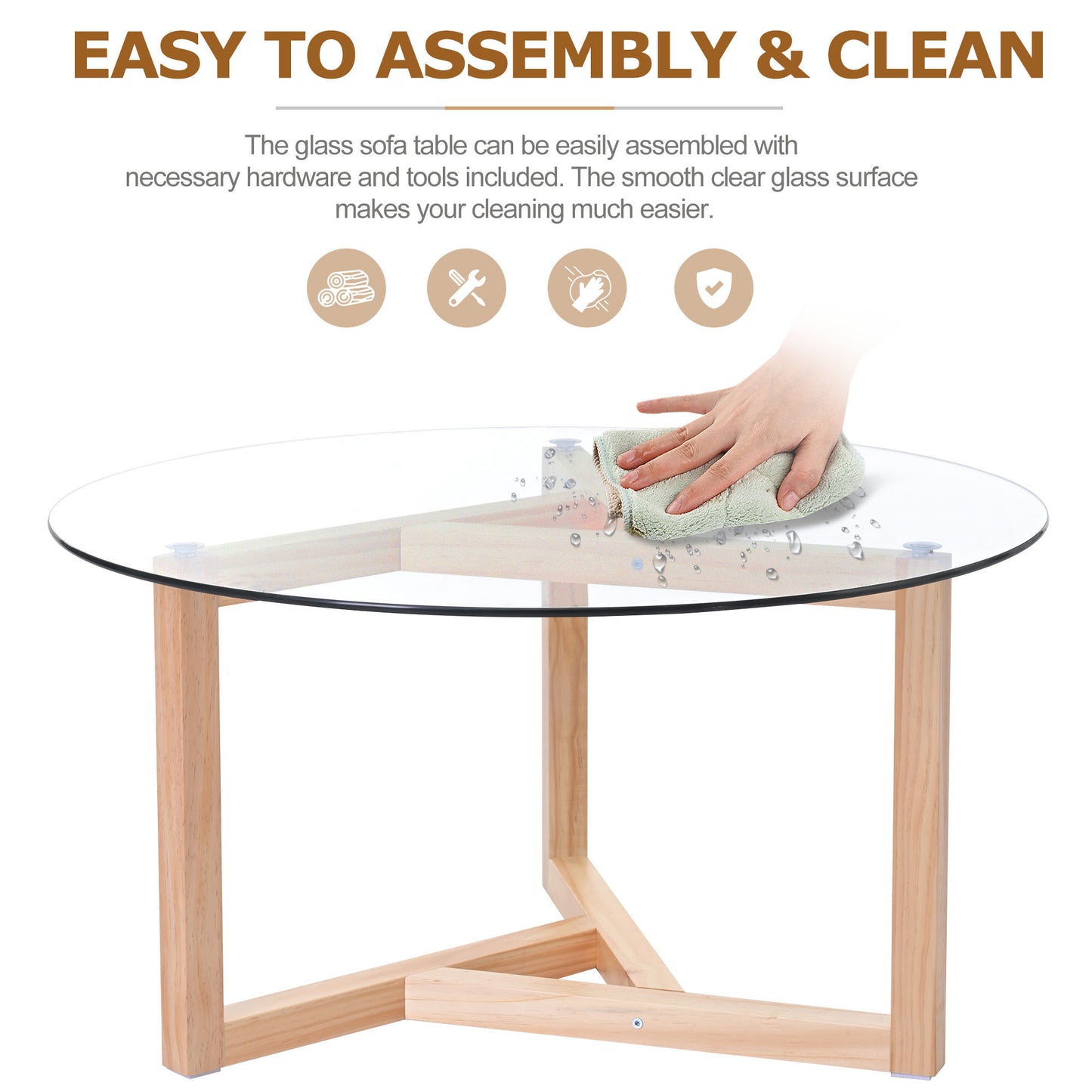 ON-TREND Round Glass Coffee Table with Tempered Glass Top & Sturdy Wood Base, Natural - Modern Cocktail Table, Easy Assembly,  (WF190112AAL)