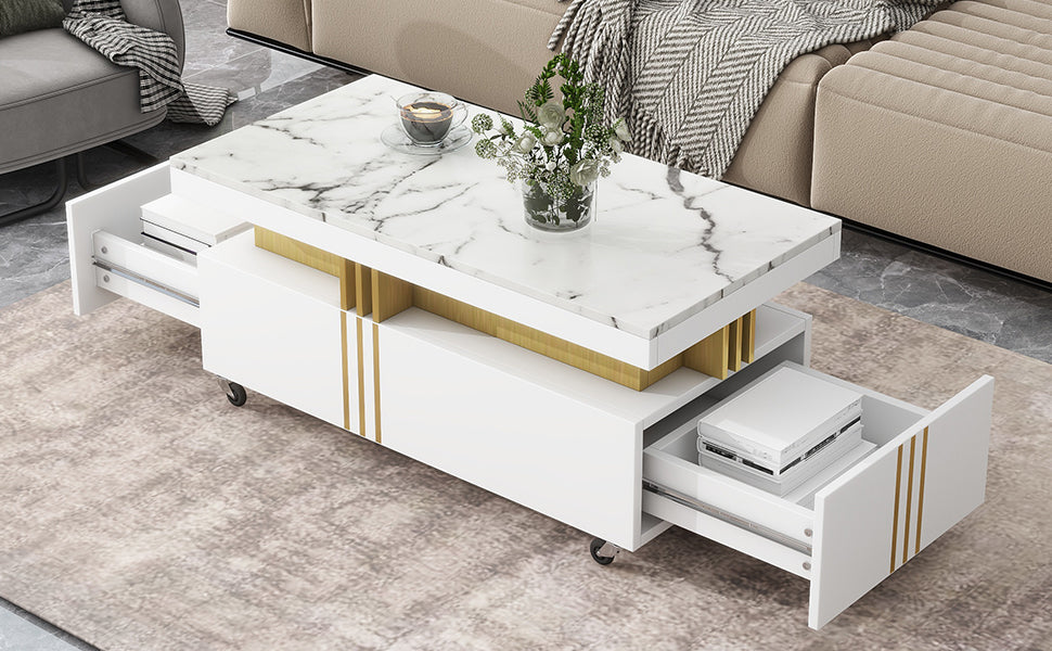 ON-TREND Contemporary Coffee Table, Rectangle Cocktail Table with Caster Wheels, Moderate Luxury Center Table with Gold Metal Bars, White Faux Marble Top, for Living Room