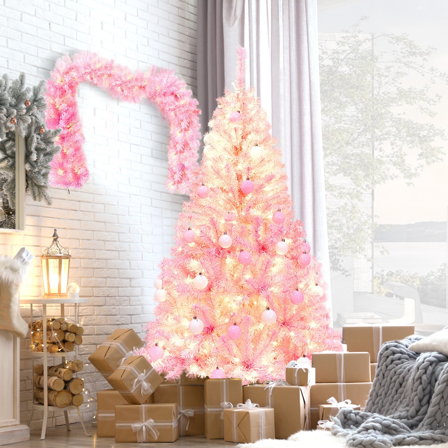 Pre-lit Artificial Christmas 2-Piece Set: 5FT Pink Tree & 6ft Garland - Xmas Decor with Sparkling Lights & Festive Ambience