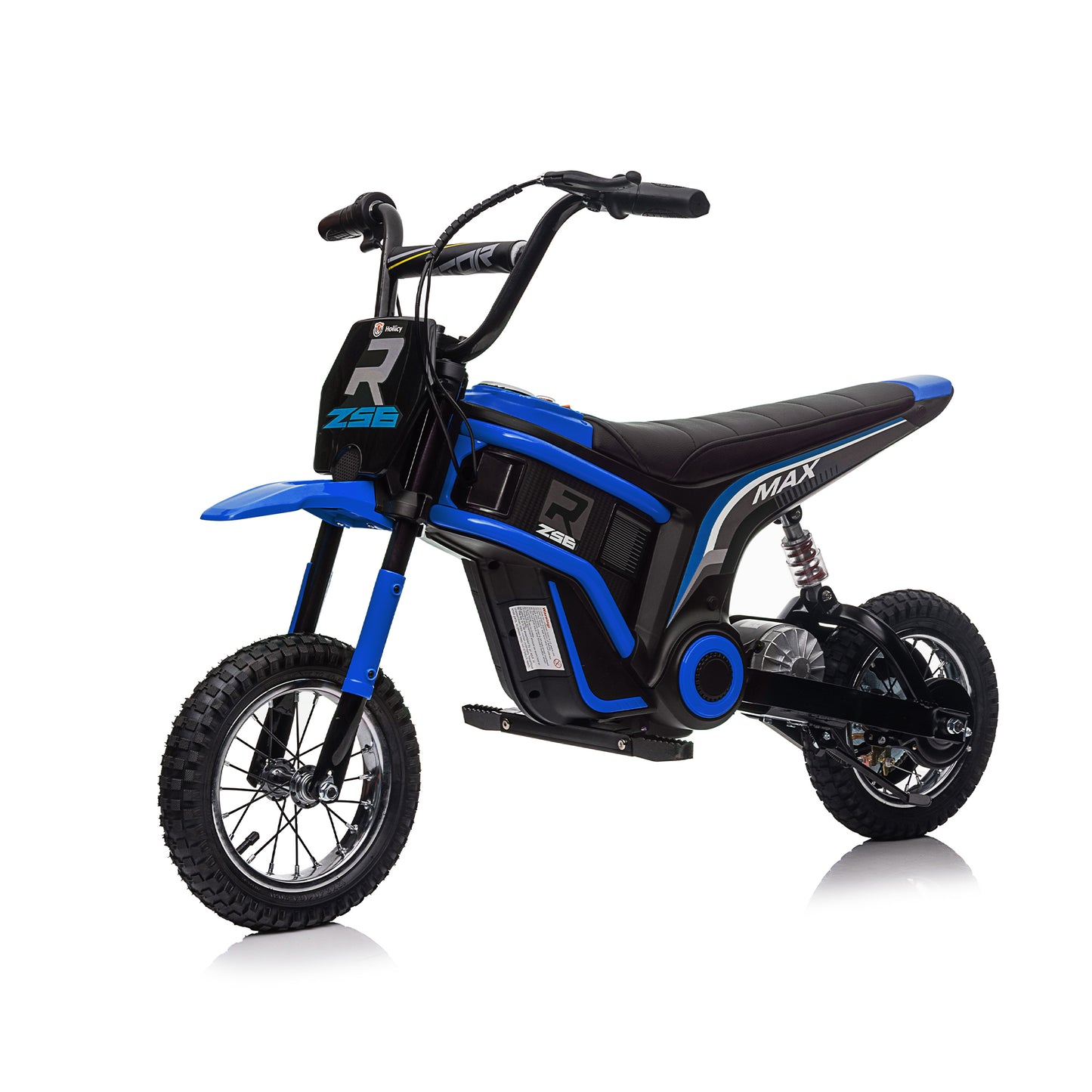 Kids Ride On 24V Electric Toy Motocross Motorcycle Dirt Bike - XXL Large, Age 8-12, Speeds up to 14.29MPH, Dual Suspension, Hand-Operated Dual Brakes, Twist Grip Throttle, Authentic Motocross Bike Geometry, Red & Blue.