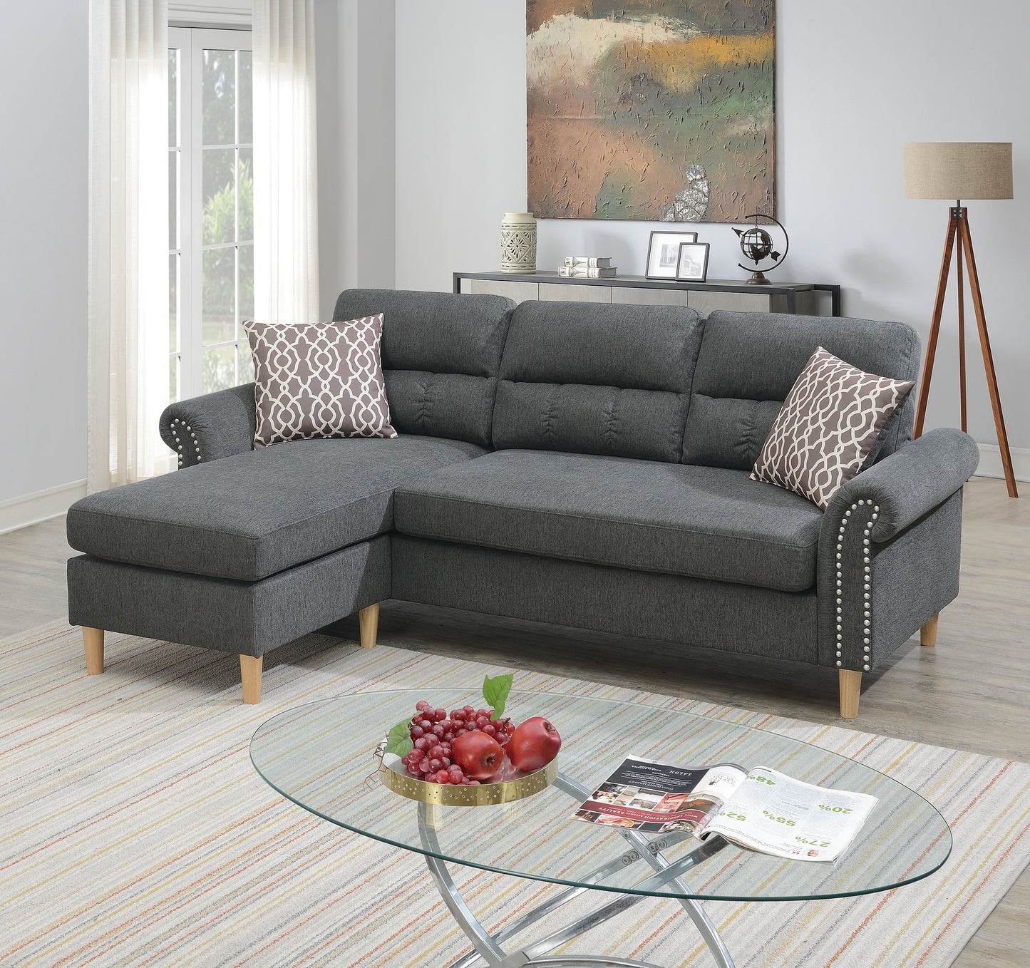 Slate Color Polyfiber Reversible Sectional Sofa Set with Chaise, Pillows, Plush Cushion, and Nailheads - Comfortable and Stylish Couch for Your Living Space