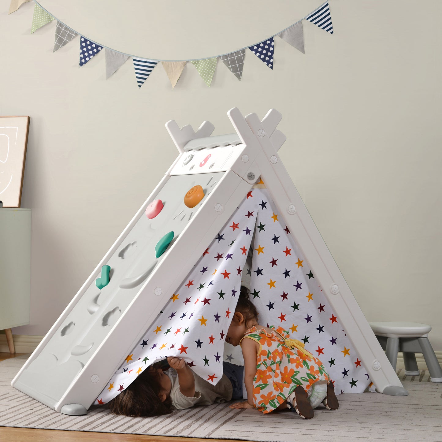 Kids Play Tent - 4 in 1 Teepee Tent with Stool and Climber, Foldable Playhouse Tent for Boys & Girls - Informative, Multi-Functional, and Portable - Enhance Imaginative Play - Available in Various Colors and Sizes - Ideal for Indoor and Outdoor Fun