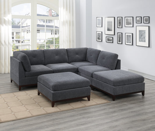 Ash Grey Chenille Fabric Modular Sectional 6pc Set Living Room Furniture Corner L-Sectional Couch with 2 Corner Wedges, 2 Armless Chairs, and 2 Ottomans - Tufted Back, Exposed Wooden Base