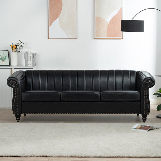 83.46'' Black PU Rolled Arm Chesterfield Three Seater Sofa: Elegant, Comfortable, and Spacious