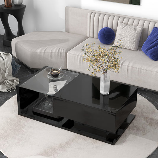 ON-TREND Modern Coffee Table with Tempered Glass, Wooden Cocktail Table, High-gloss UV Surface, 2-Tier Rectangle Center Table for Living Room, Black