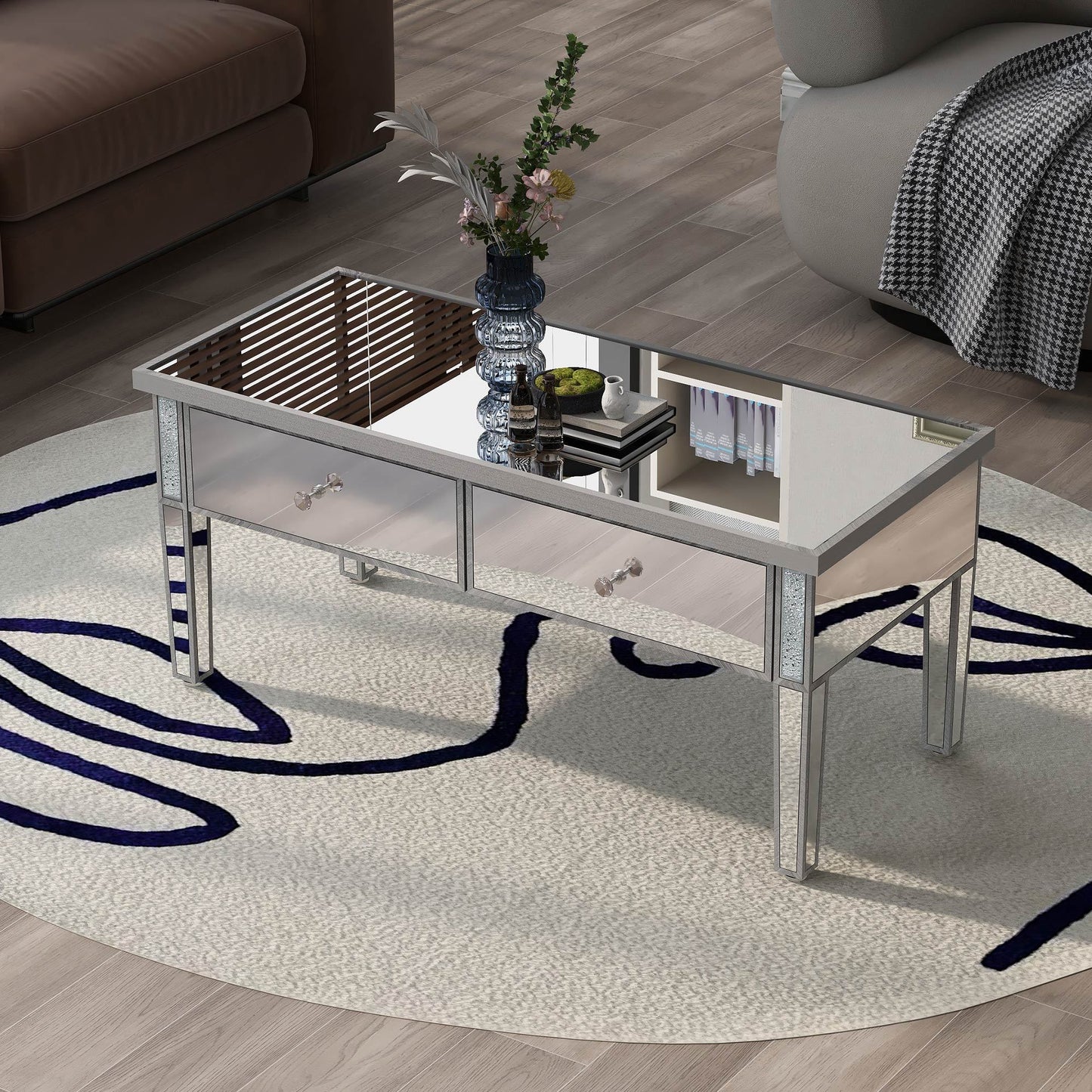 ON-TREND Glass Mirrored Coffee Table with 2 Drawers, Crystal Handles & Adjustable Height Legs for Living Room, Silver