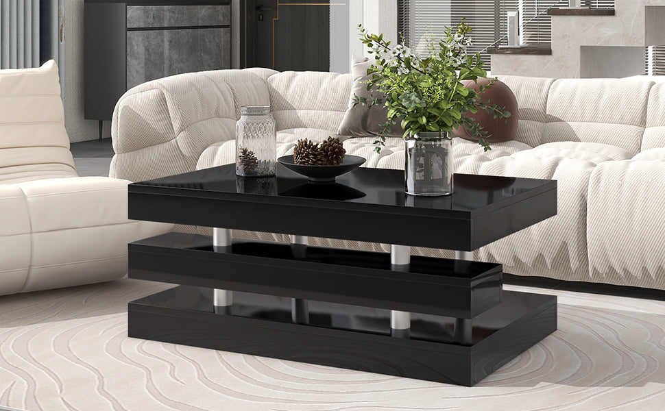 ON-TREND 2-Tier Coffee Table, Silver Metal Legs, High-gloss UV Surface, Minimalist Design, Living Room Center Table, Black Rectangle Cocktail Table