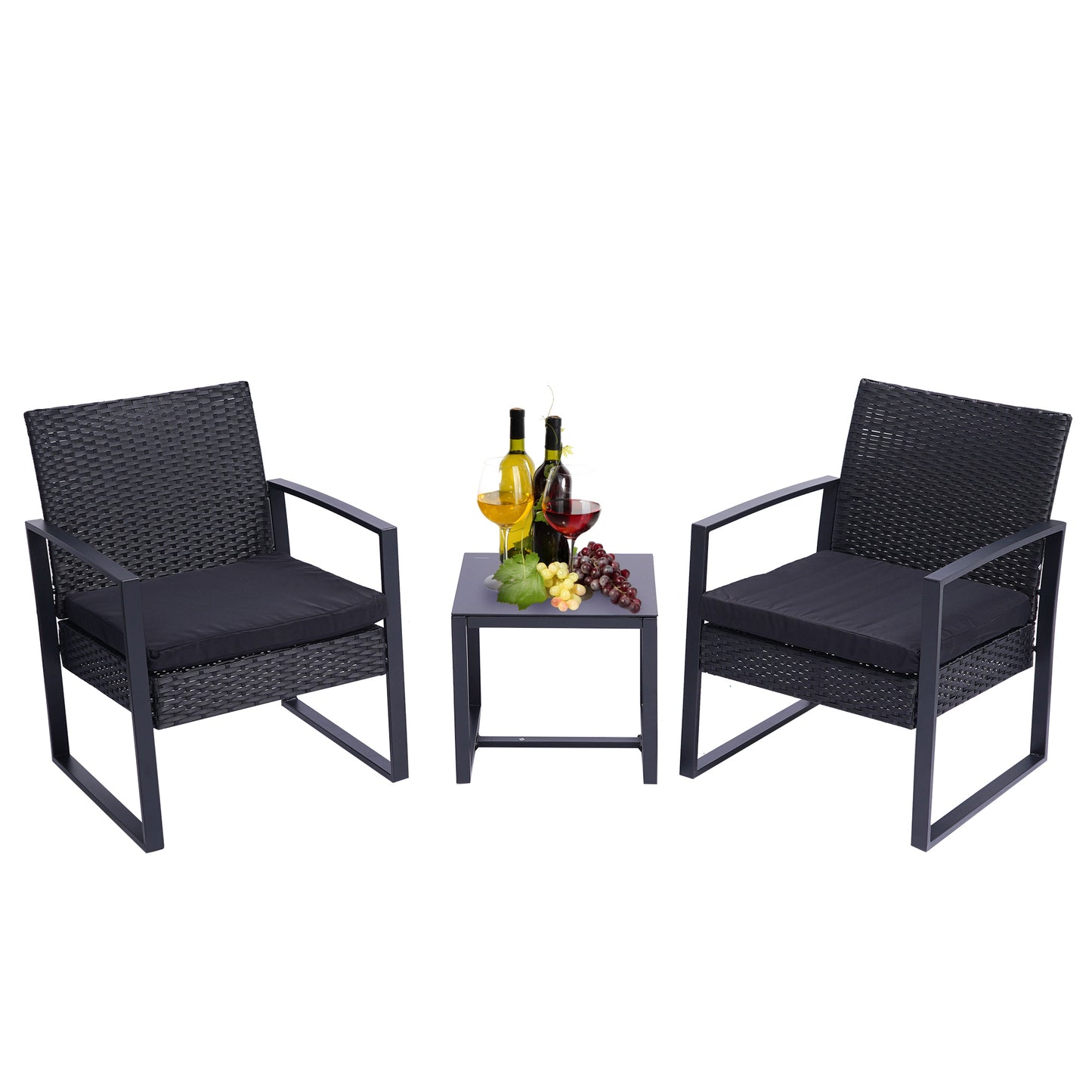 3-Piece Outdoor Wicker Patio Furniture Set - Modern Rattan Chair Conversation Set with Coffee Table for Yard and Bistro (Black)