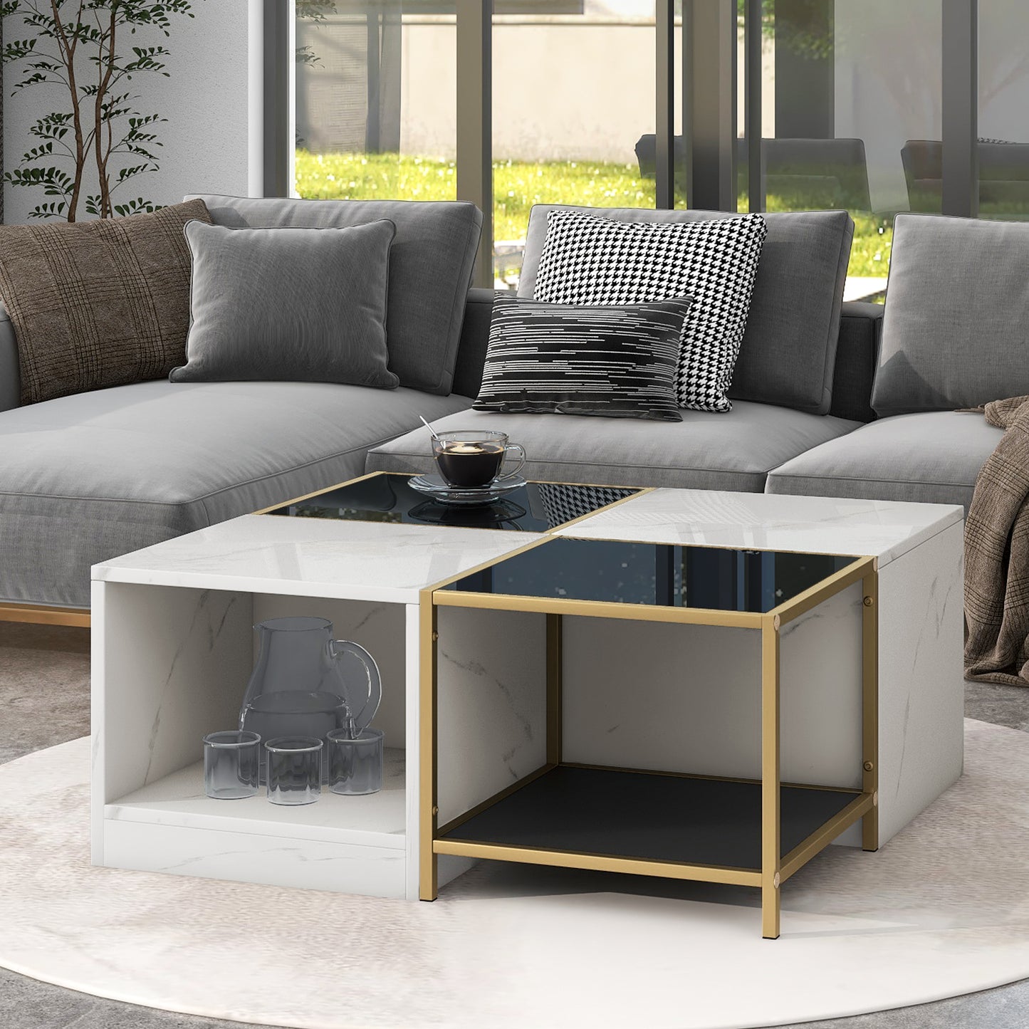 Modern 2-Layer Coffee Table with Metal Frame, High Gloss White Marble Finish | Simply Assemble, Square Corner Tables for Living Room | 31.5”x 31.5”