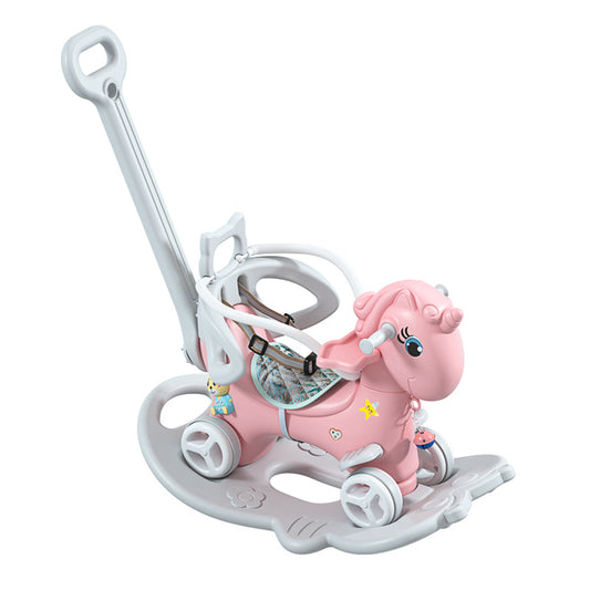 Rocking Horse for Toddlers, Balance Bike Ride On Toys with Push Handle, Backrest and Balance Board - Unicorn Kids Pink Color