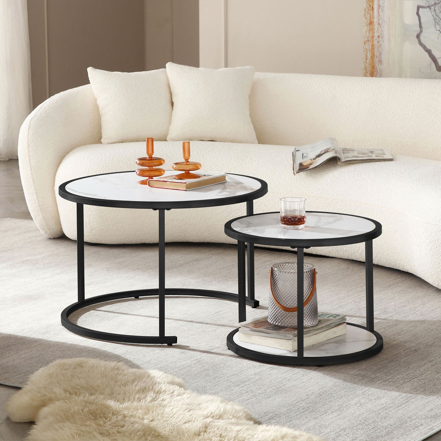 27.16" Marble Pattern MDF Top Black Metal Frame Nesting Coffee Table Set of 2 - Stylish & Space-Saving Furniture with Elegant Marble Design