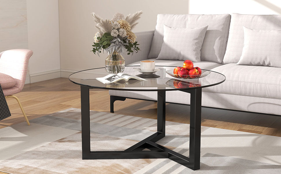 ON-TREND Round Glass Coffee Table, Easy Assembly, Tempered Glass Top, Sturdy Wood Base, Black (Modern Cocktail Table, 220 Letters)