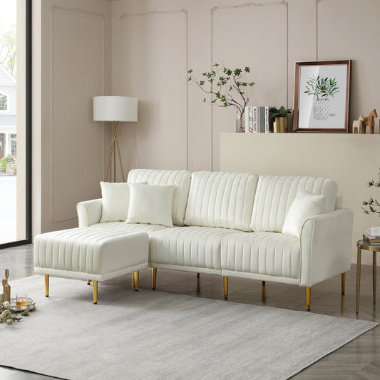 L Shaped Sectional Sofa Couch with Velvet Fabric, Reversible for Small Space, Cream Color