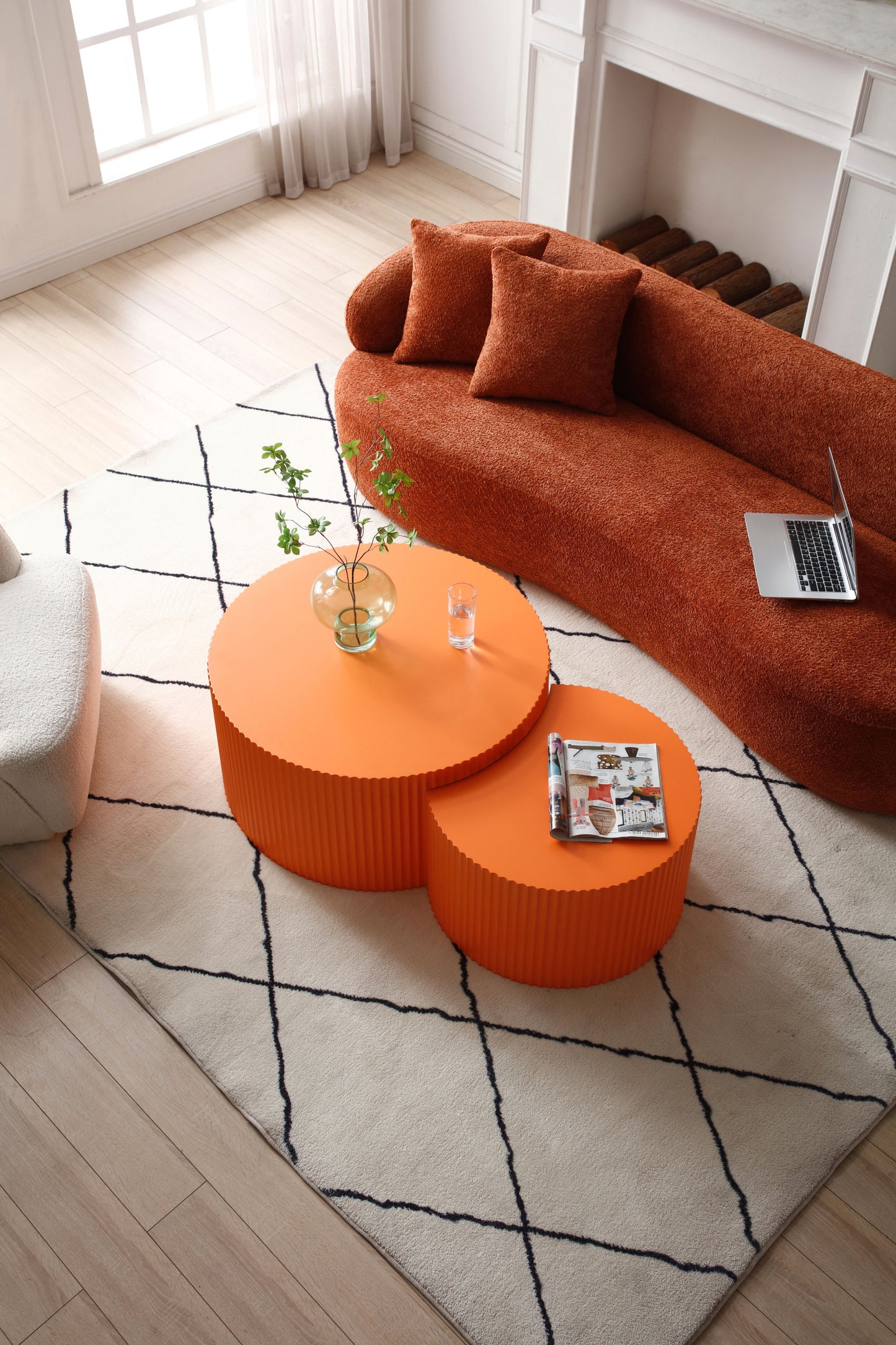 31.5" Nesting Table Set of 2: Round & Half Moon Shapes, No Assembly Needed, Bright Orange - Ideal for Living Room, Office, and Leisure Areas.