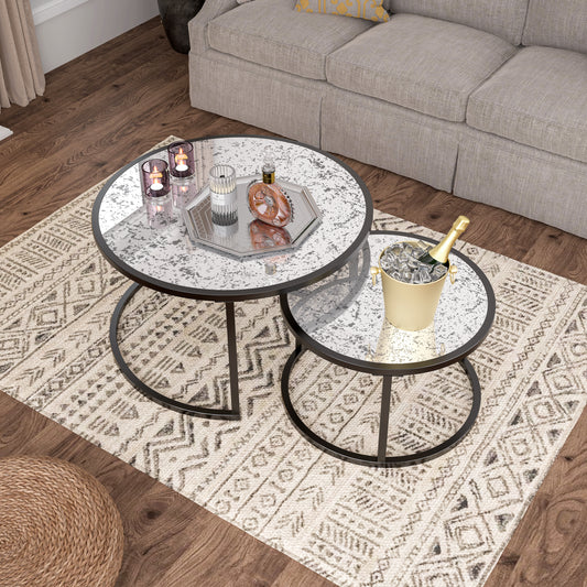 Round Coffee Table Set of 2 Metal Frame & Glass Top End Tables for Living Room Bedroom, Nesting Tables - Stylish & Functional Furniture