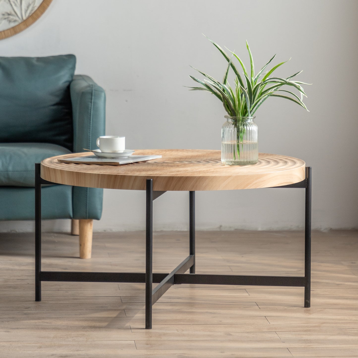 33" Modern Thread Design Round Coffee Table - MDF Table Top, Cross Legs Metal Base - Stylish, Contemporary Furniture - Available in Multiple Colors and Sizes